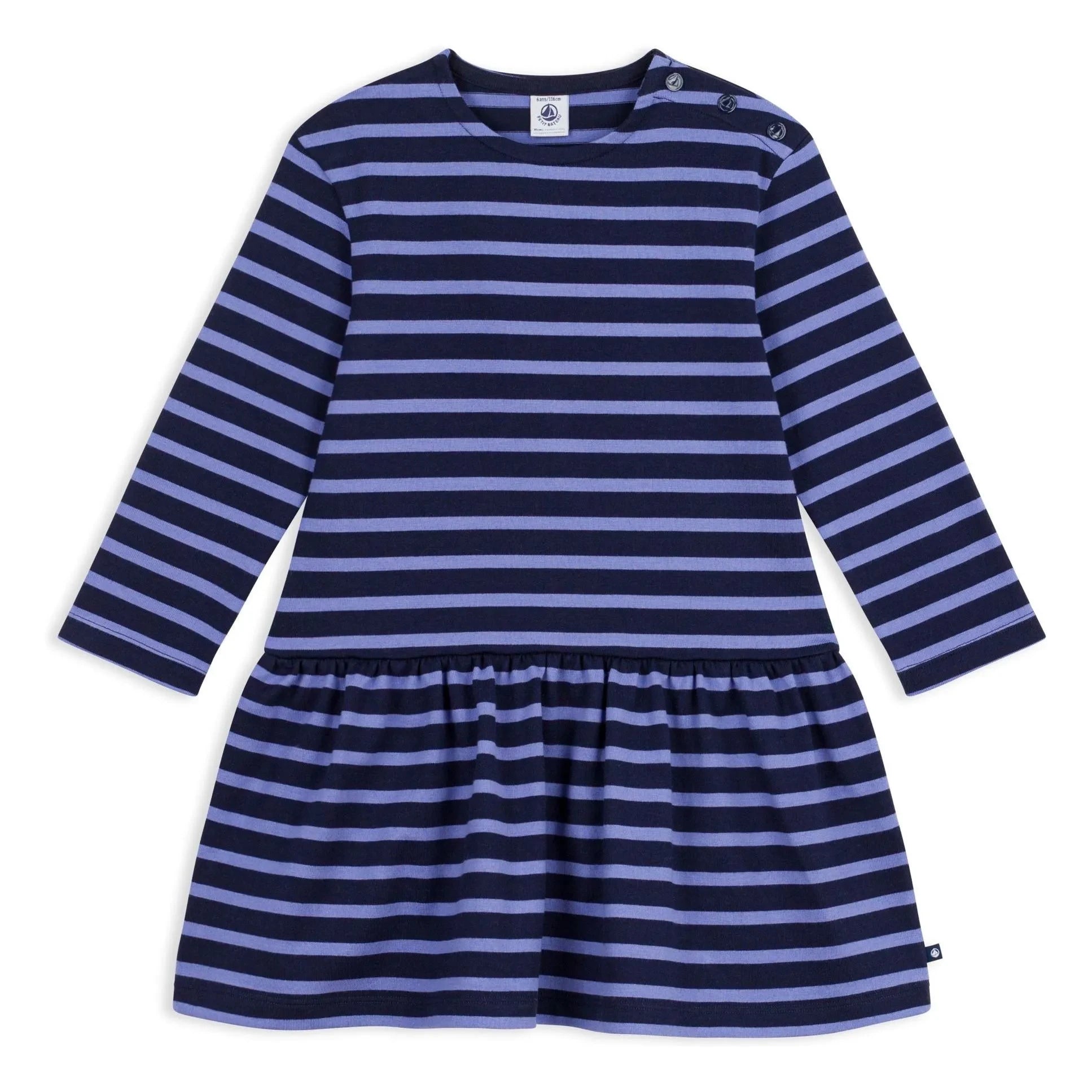 Petit Bateau - Çizgili Organik Pamuk Uzun Kollu Elbise | Mavi