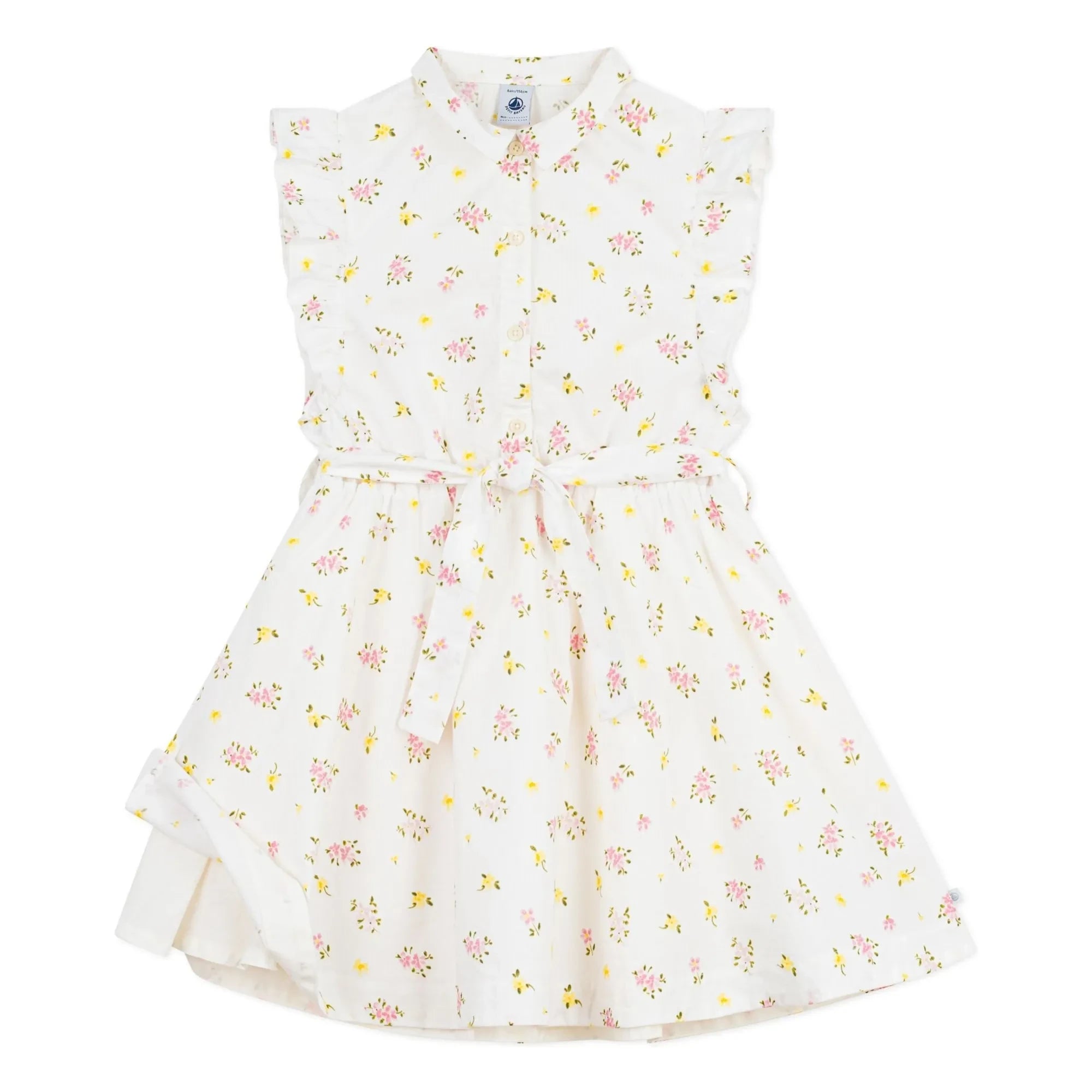 Petit Bateau - Kolsuz Çiçek Desenli Organik Pamuk Elbise | Beyaz