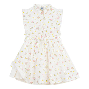Petit Bateau - Kolsuz Çiçek Desenli Organik Pamuk Elbise | Beyaz