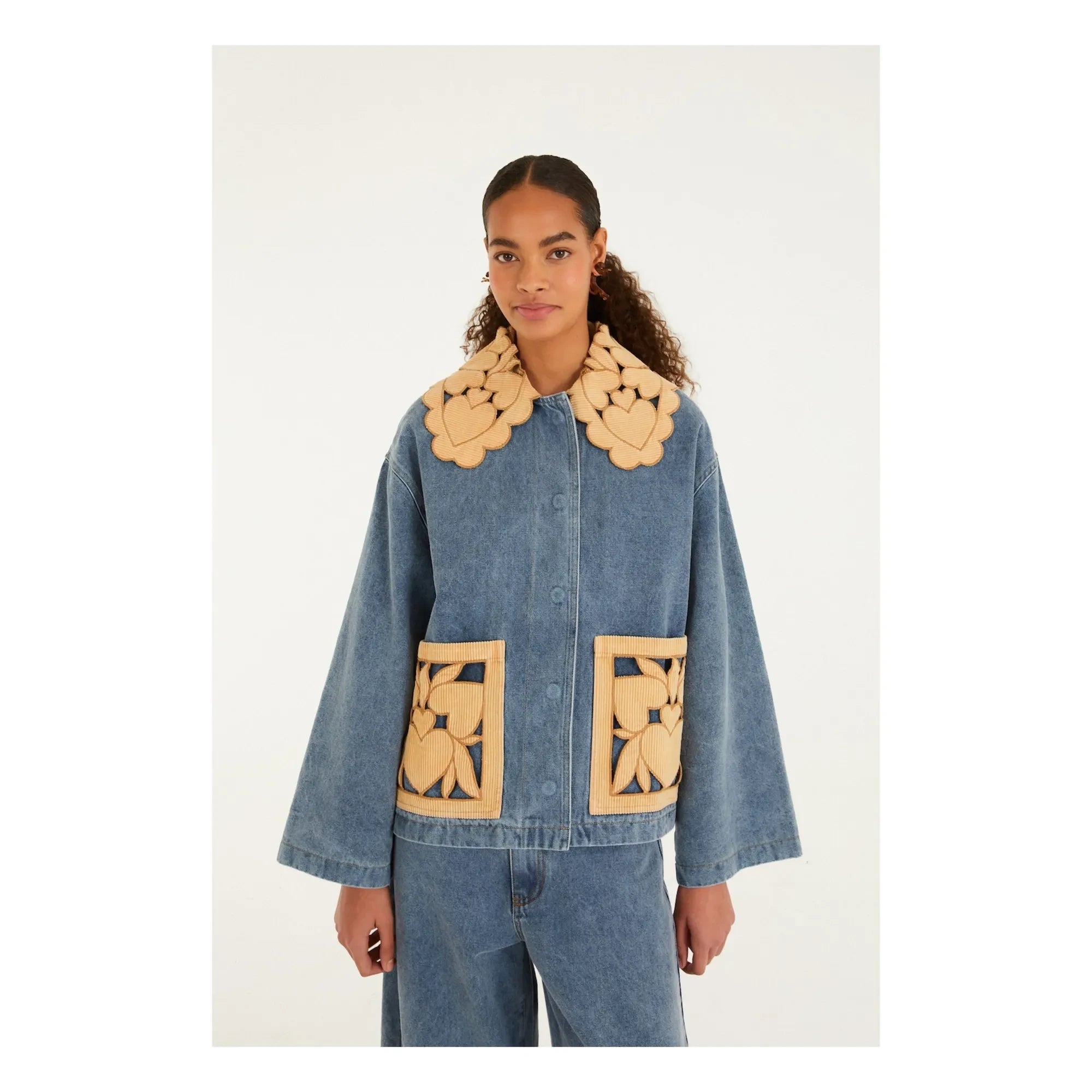 Farm Rio - Denim Pamuk Richelieu Ceket | Mavi
