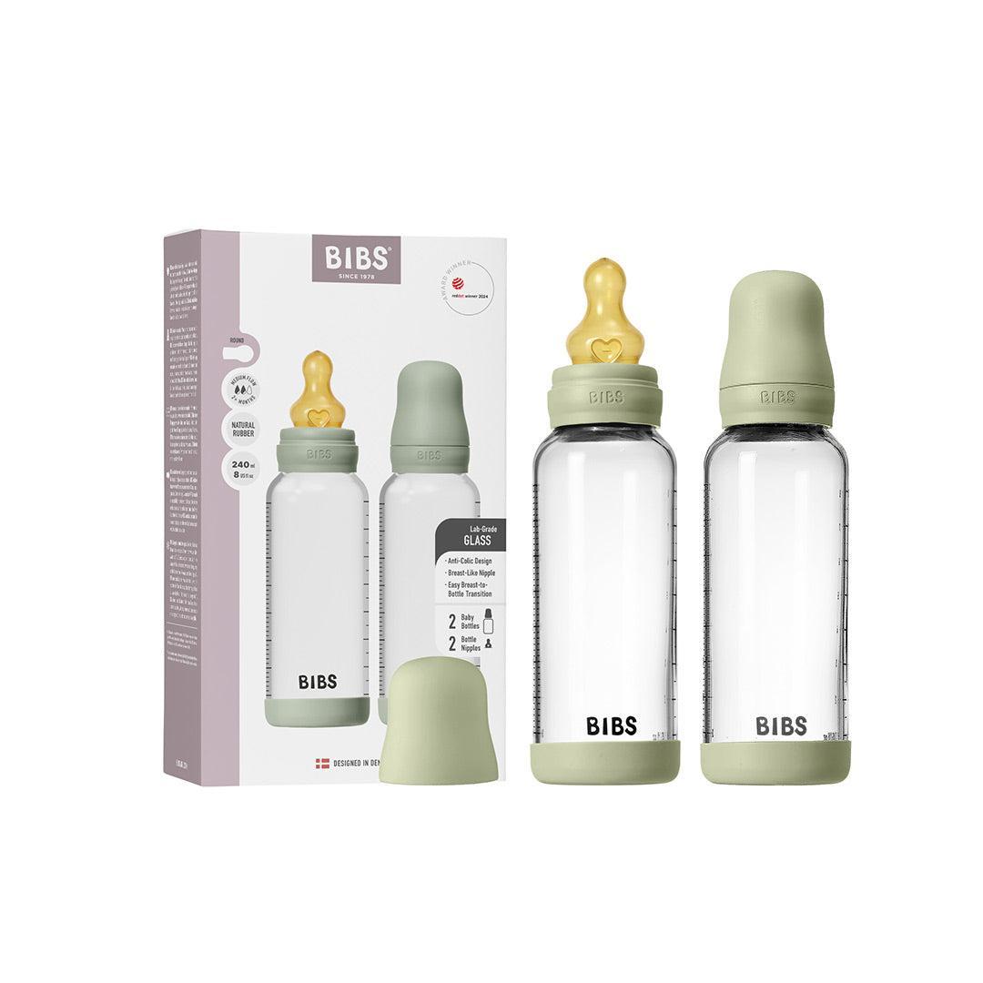 BIBS 2 Pack Medium Flow Glass Baby Bottle Round Latex - 240ml - Sage-Baby Bottles-Sage-240ml | Natural Baby Shower
