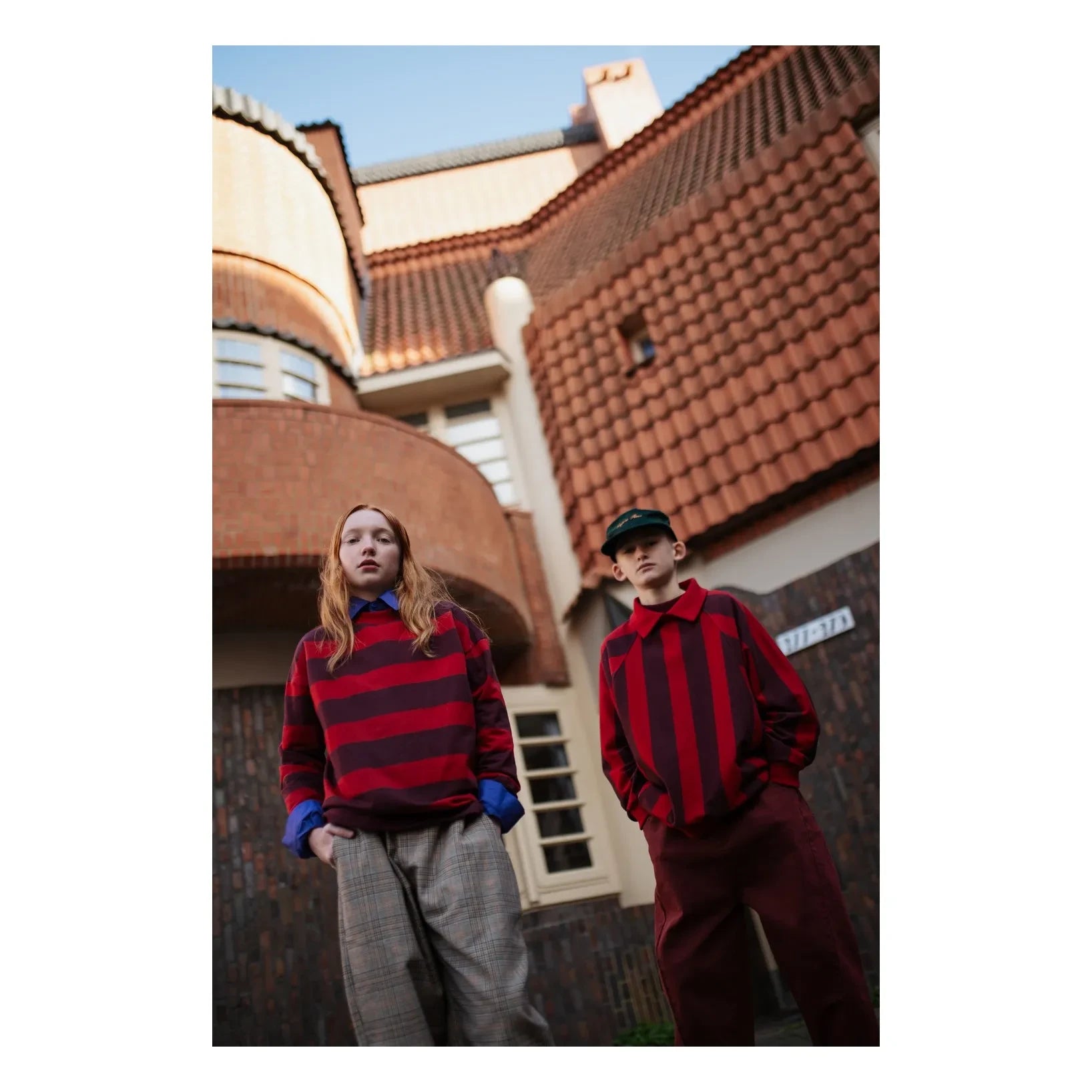 Repose AMS - Çizgili Organik Pamuklu Polo Yaka Sweatshirt | Kırmızı