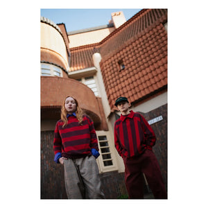 Repose AMS - Çizgili Organik Pamuklu Polo Yaka Sweatshirt | Kırmızı