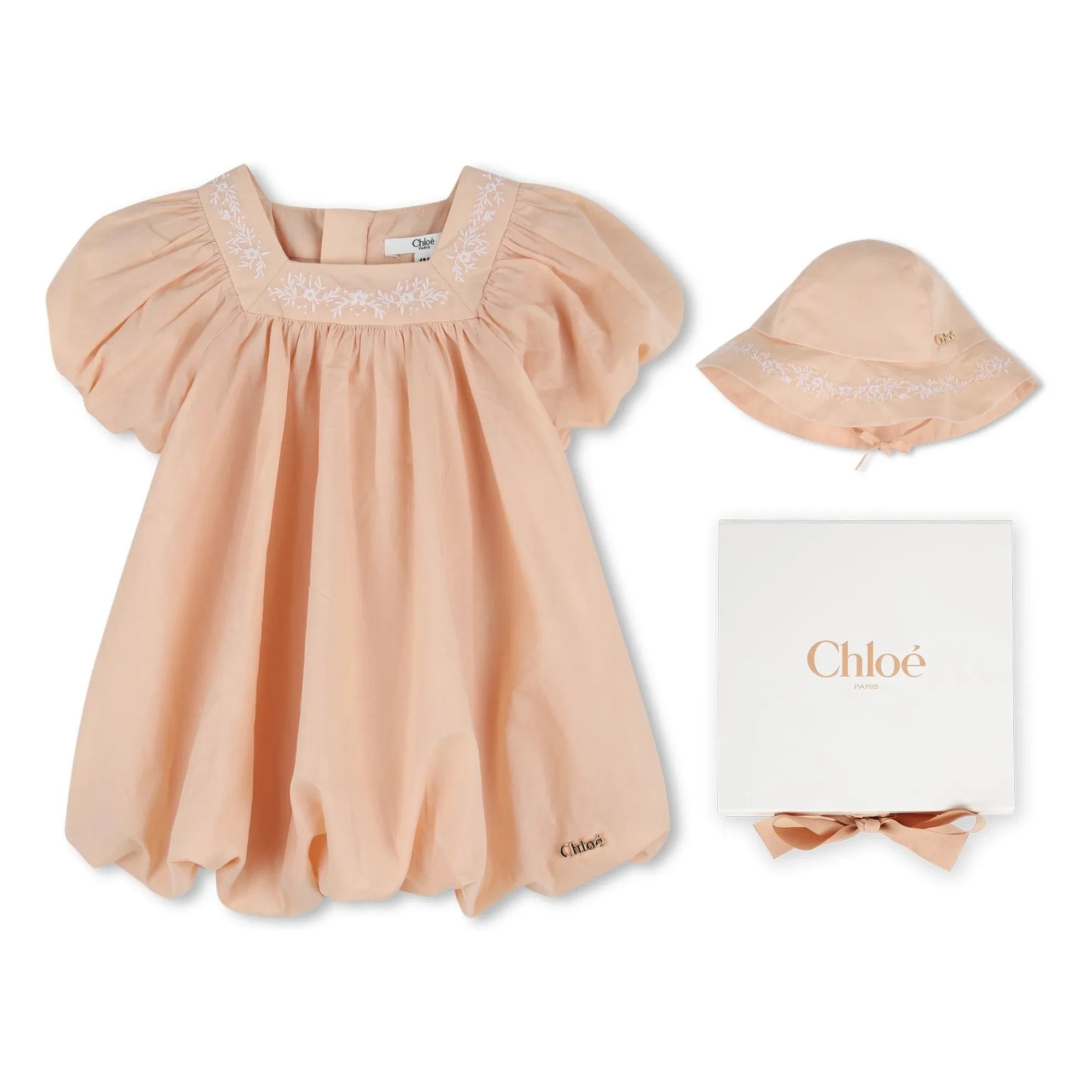 Chloé - Organik pamuklu kabarık elbise ve şapka seti | Açık Pembe
