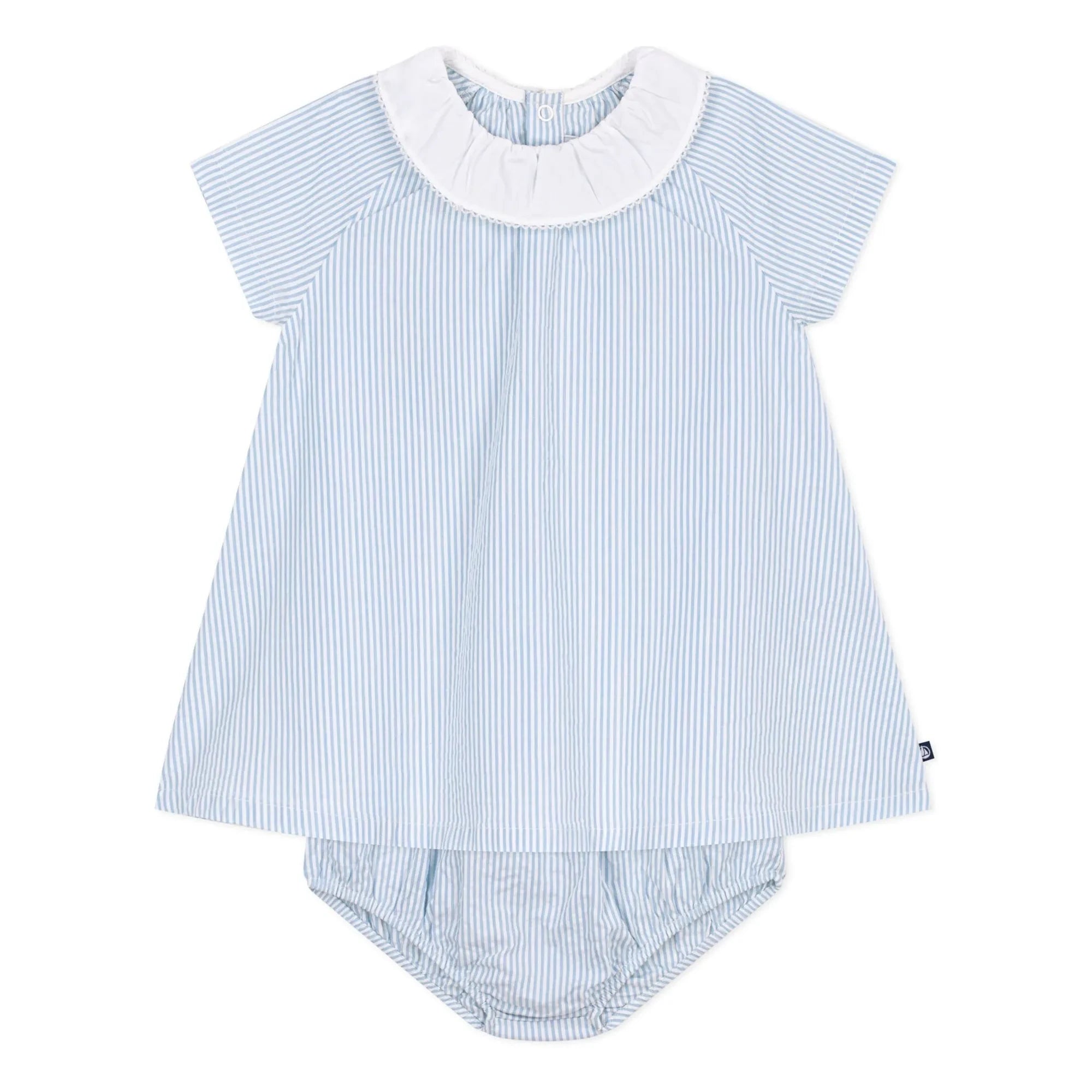 Petit Bateau - Çizgili Seersucker Organik Pamuk Yaka ve Bloomer Elbise Seti | Mavi