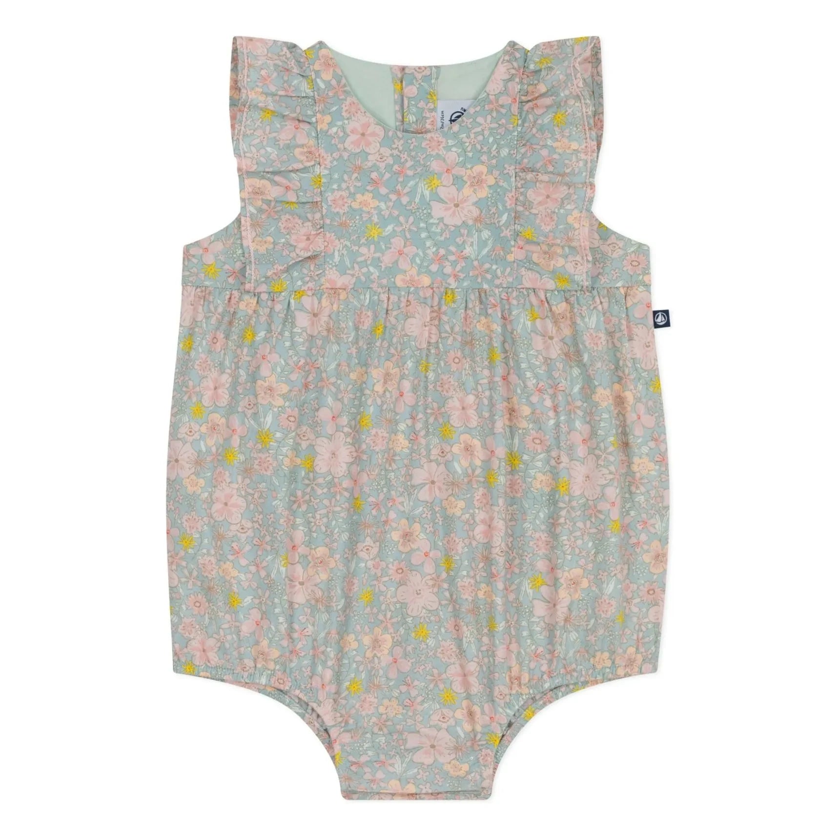Petit Bateau - Organik pamuk poplin çiçekli tulum | Gri mavi
