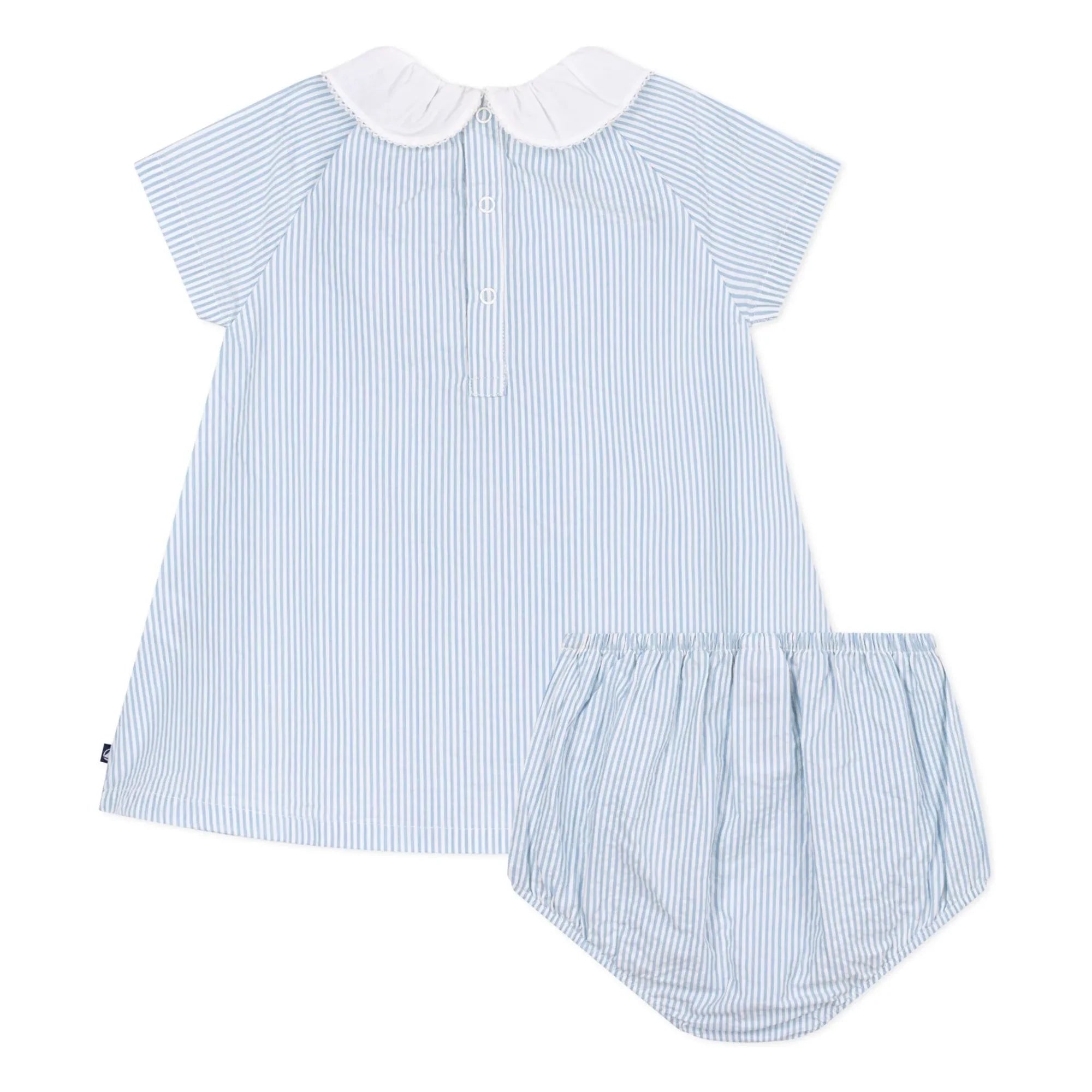 Petit Bateau - Çizgili Seersucker Organik Pamuk Yaka ve Bloomer Elbise Seti | Mavi