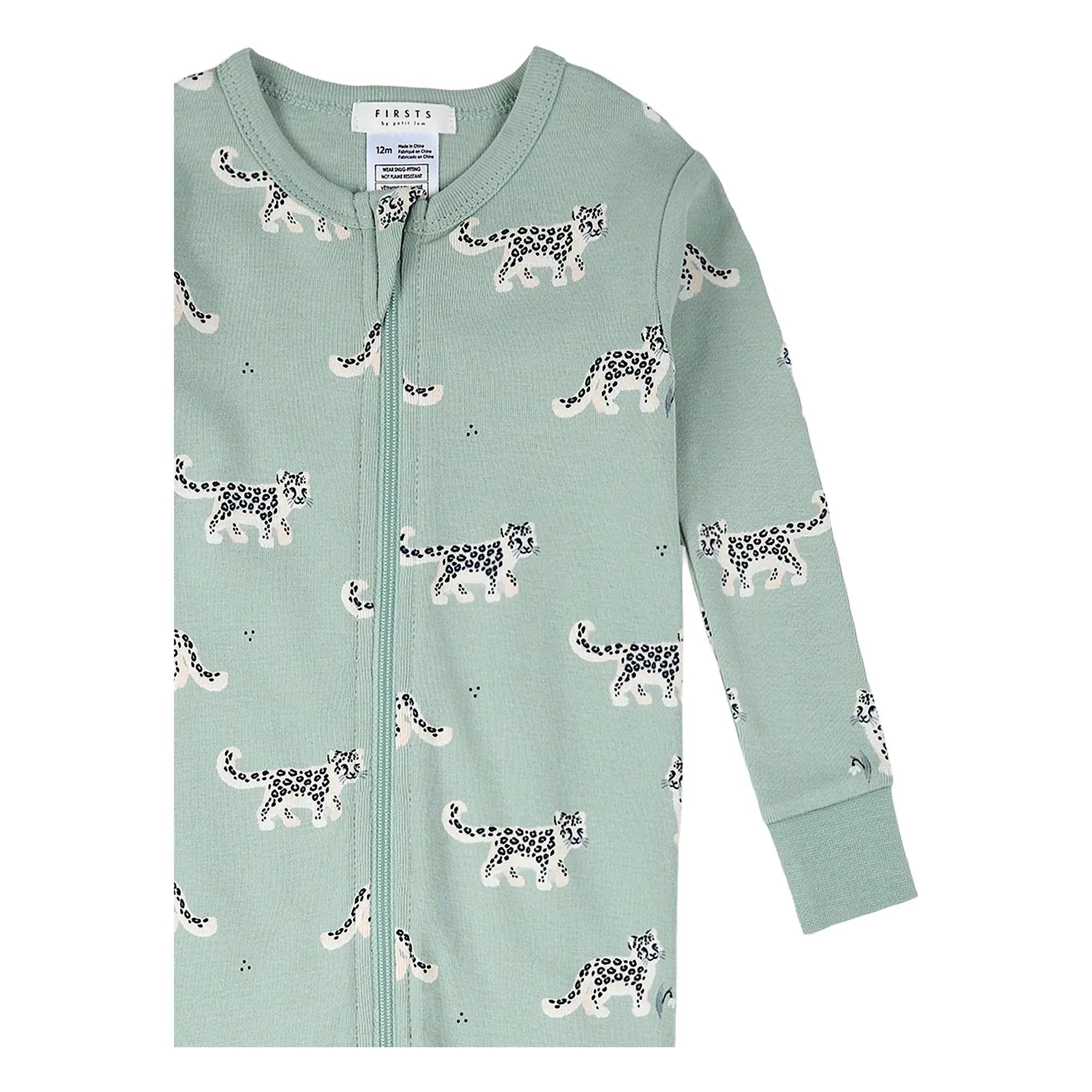 Petit Lem - Organik Pamuk Leopar Desenli Dönüştürülebilir Pijama | Badem yeşili