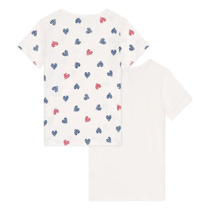 Petit Bateau - 2'li Çizgili Kalp Organik Pamuklu Tişört Seti | Beyaz
