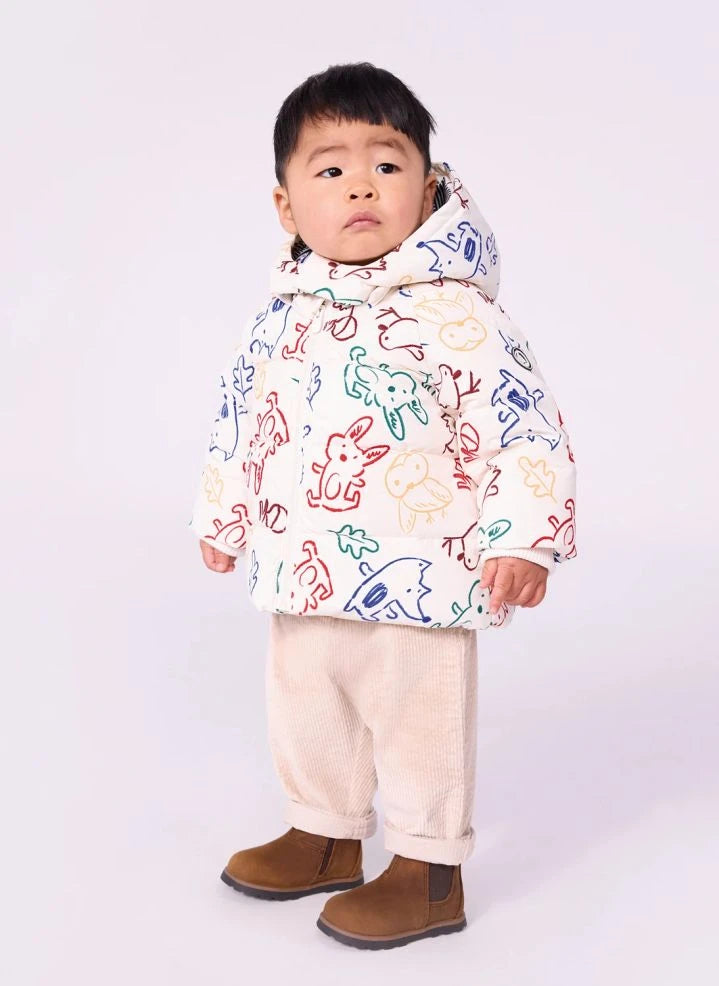 Petit Bateau - معطف داون للأطفال بلون إكرو بنقشة حيوانات