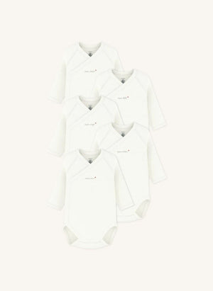 Petit Bateau - طقم من 5 بوديات متقاطع Mon Coeur قطن عضوي | أبيض