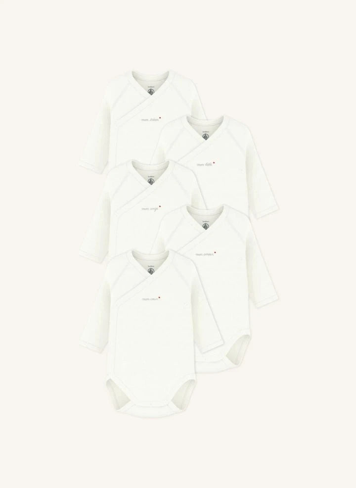 Petit Bateau - طقم من 5 بوديات متقاطع Mon Coeur قطن عضوي | أبيض