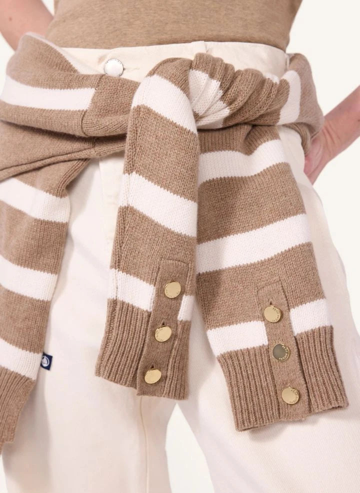 Petit Bateau - كنزة صوفية مقلمة بياقة عالية | بيج