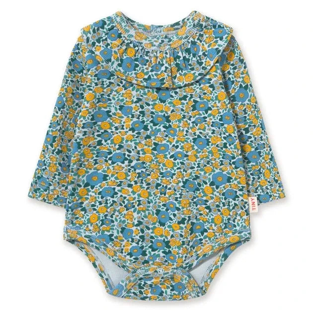 Tinycottons - Organik Pamuklu Fitilli Çiçek Desenli Body | Mavi