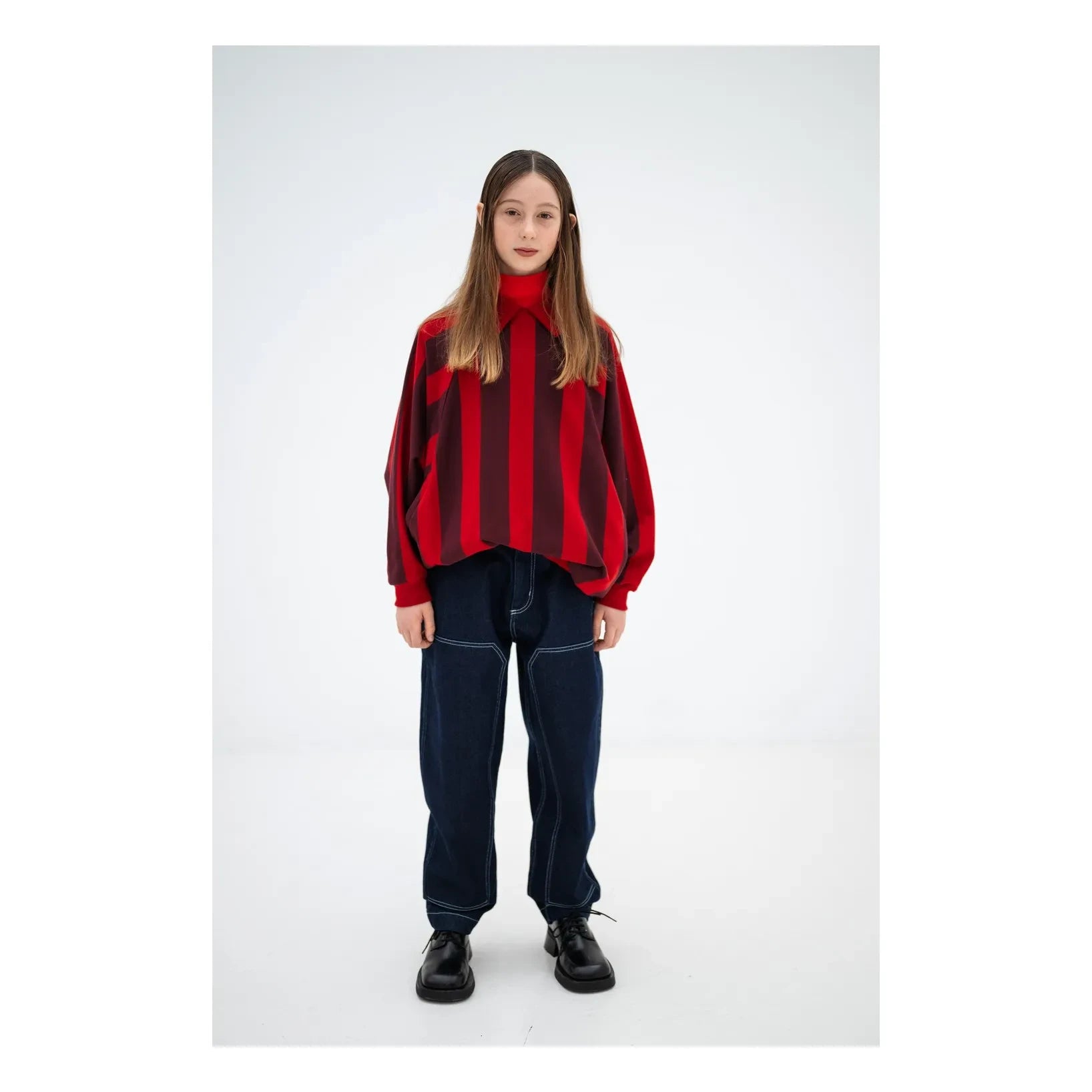 Repose AMS - Çizgili Organik Pamuklu Polo Yaka Sweatshirt | Kırmızı