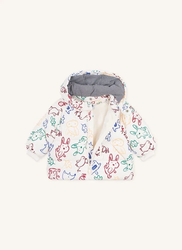 Petit Bateau - معطف داون للأطفال بلون إكرو بنقشة حيوانات