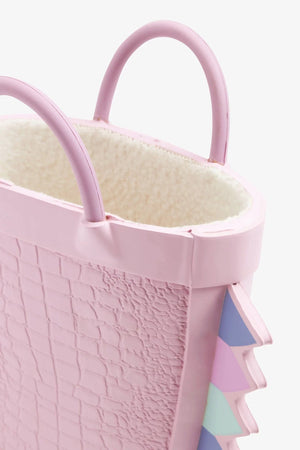 Dinossi - Kulplu Pembe Dinozor Yumuşak Tabanlı Kız Çocuk Polarlı Yağmur ve Kışlık Çizme - 30.5