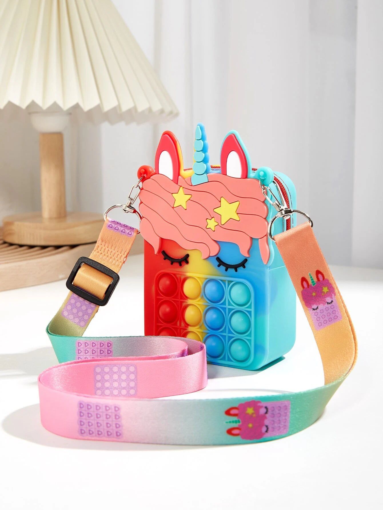 Dinossi - Unicorn Popit Tasarımlı Mavi Kırmızı Kız Çocuk Omuz Çantası