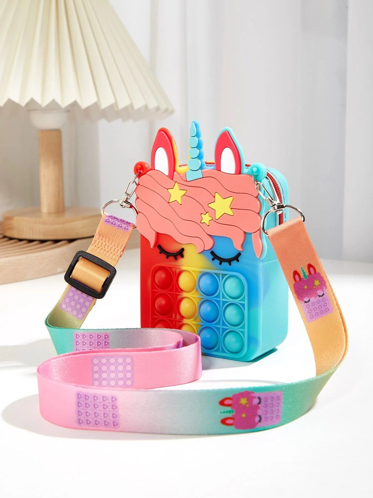 Dinossi - Unicorn Popit Tasarımlı Mavi Kırmızı Kız Çocuk Omuz Çantası