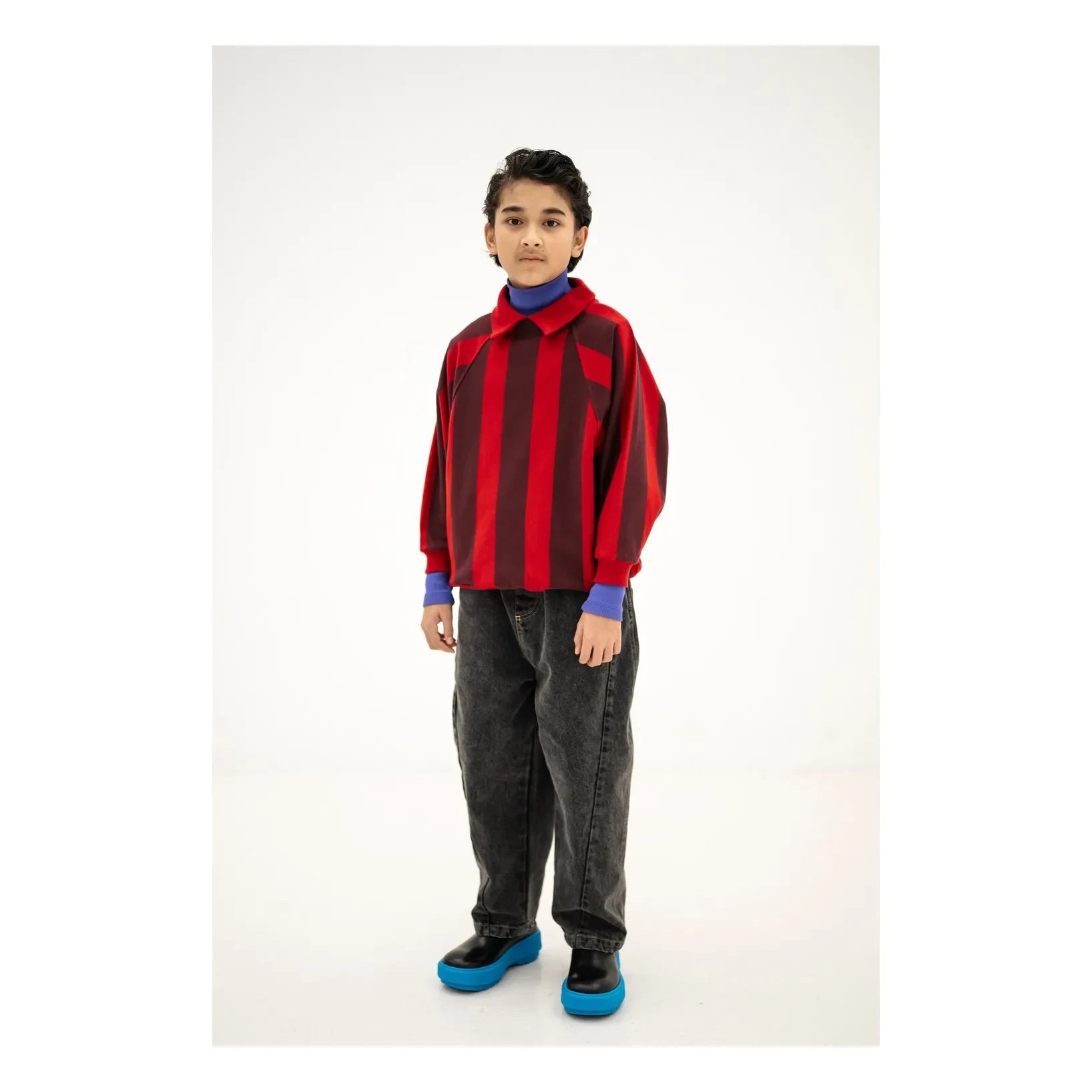 Repose AMS - Çizgili Organik Pamuklu Polo Yaka Sweatshirt | Kırmızı