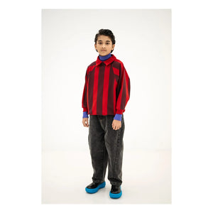 Repose AMS - Çizgili Organik Pamuklu Polo Yaka Sweatshirt | Kırmızı