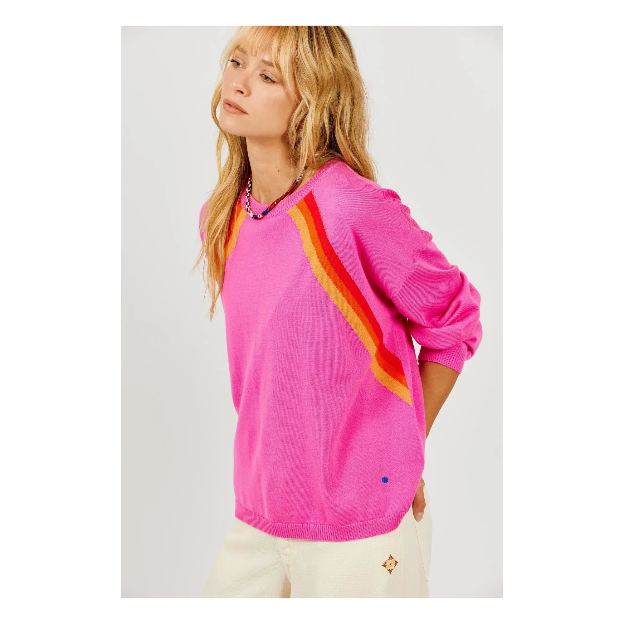 a.p - Renkli Çizgili Raglan Kazak | Pembe
