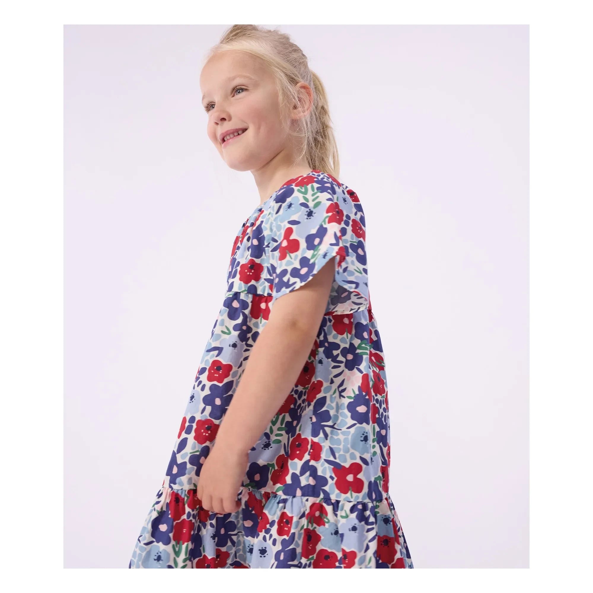 Petit Bateau - Organik Pamuk Poplin Çiçekli Elbise | Mavi