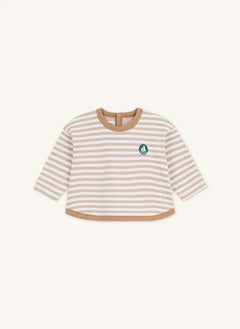 Petit Bateau - Çizgili Rozetli Organik Pamuk Bebek Tişörtü | Bej