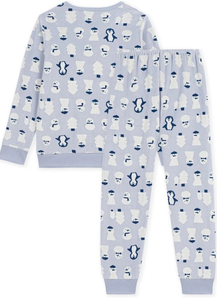 Petit Bateau - Kadife Organik Pamuk Kar Adamlı Pijama | Gri mavi