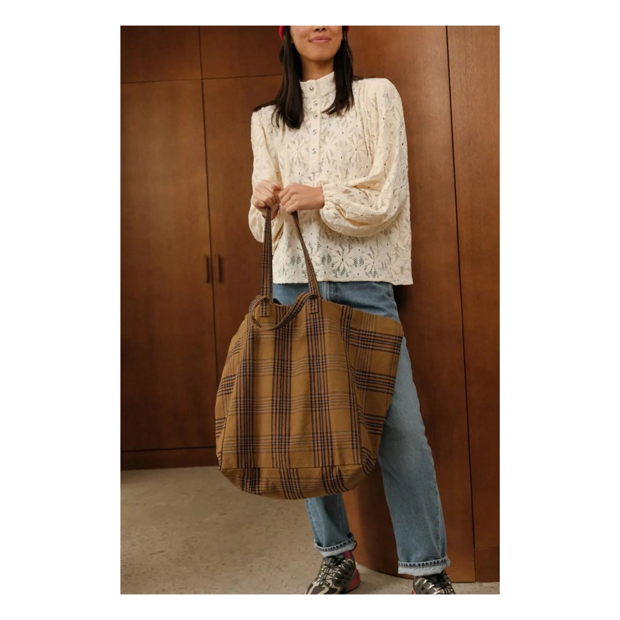 Rose in April - Elisa Tartan tote çanta | Kahverengi