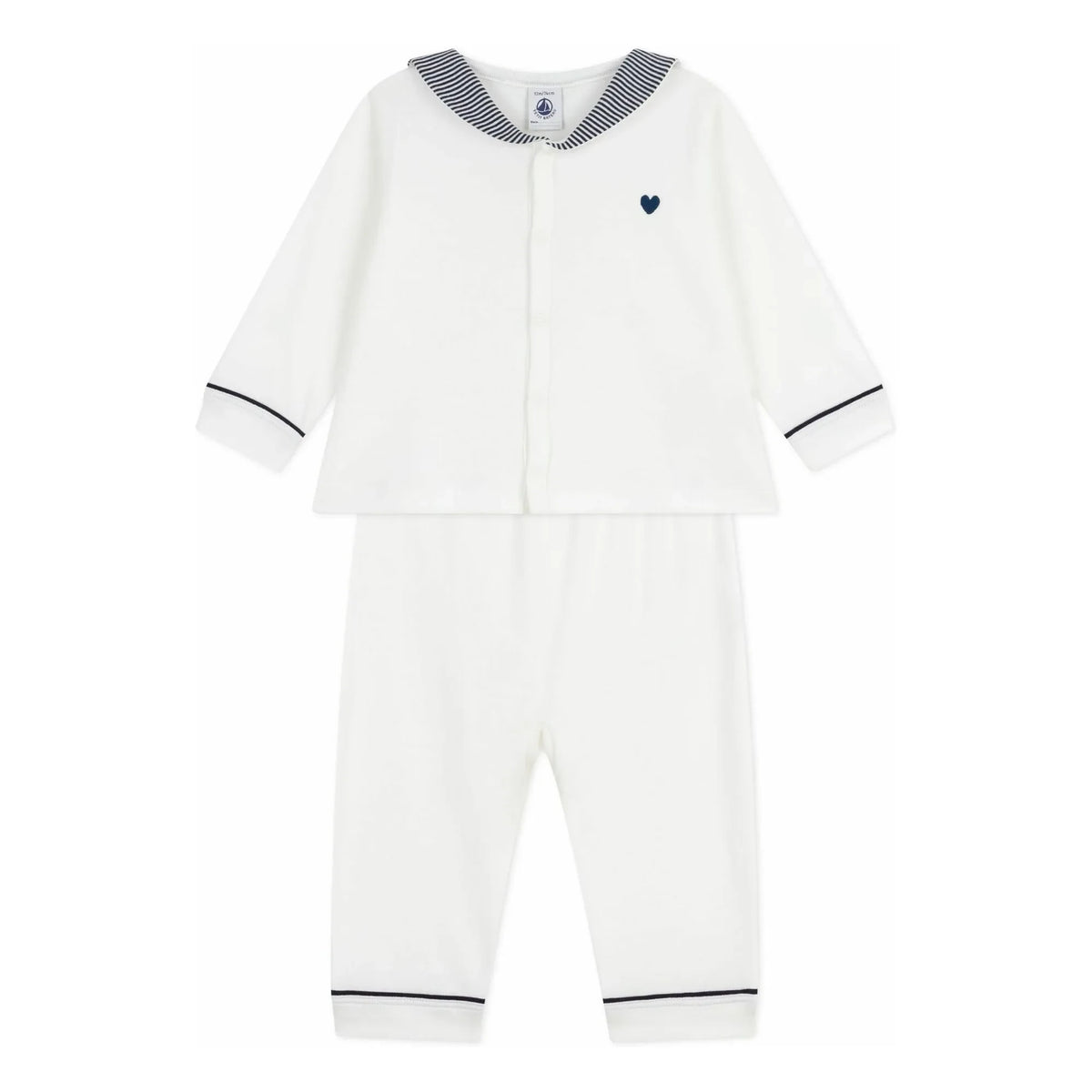 Petit Bateau - بيجامة قطنية عضوية بياقة مخططة | أبيض