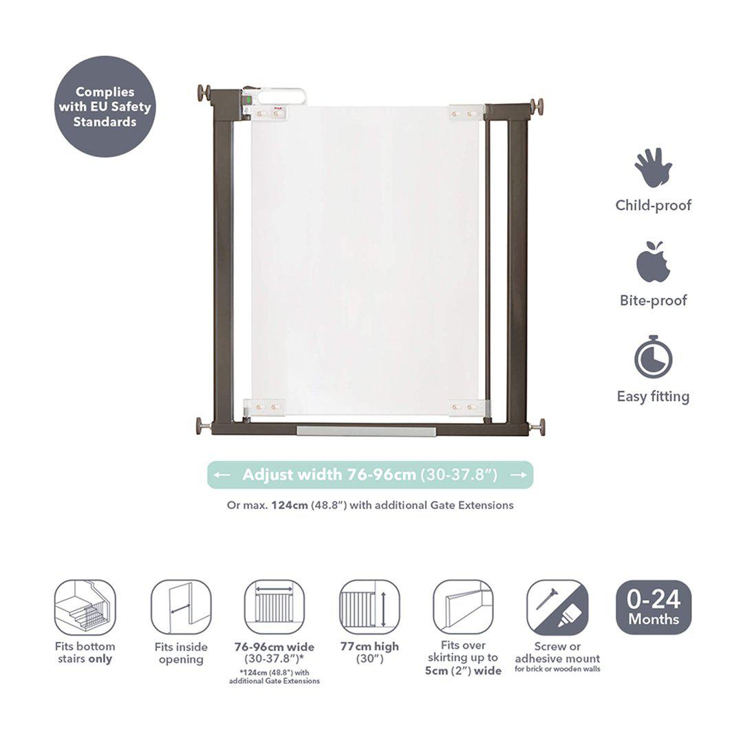 Fred Pressure Fit Stairgate - Clear Acrylic Panel/Dark Grey Fittings-Stair Gates- | Natural Baby Shower