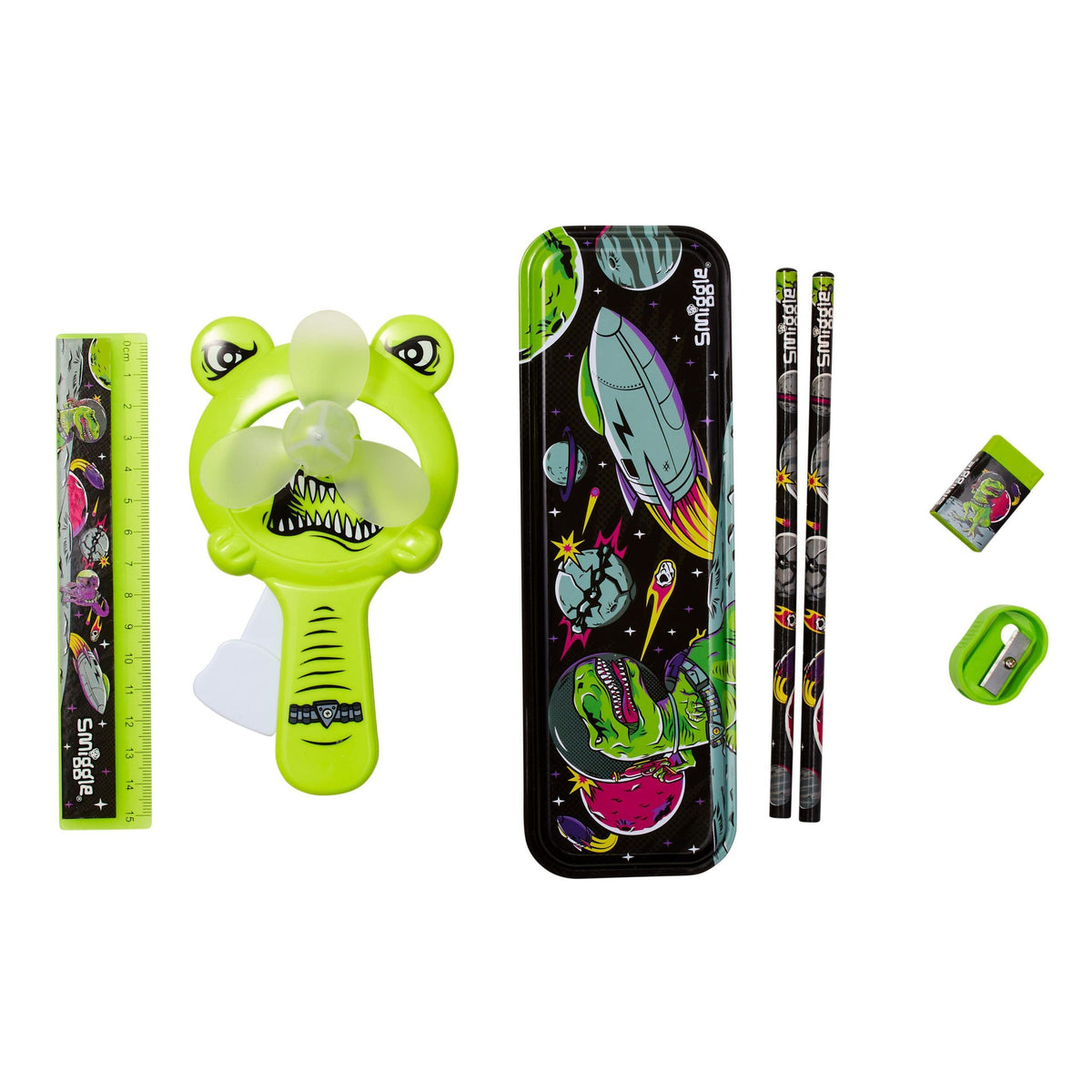 Smiggle - Dinossi Özel Tasarımlı Dino Kırtasiye Seti ve Havalandırıcı